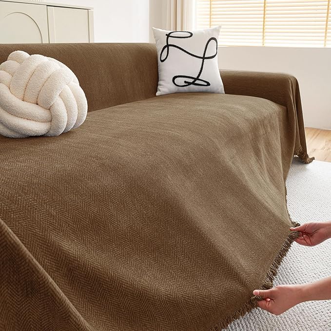 hyha Couch Cover for Dogs, Boho Sofa Covers for 3 Cushion Couch Washable, Chenille Sofa Slipcover for Pets, Soft Loveseat Sectional Couch Throw Blankets with Tassels (Chocolate, 71x91 Inch)