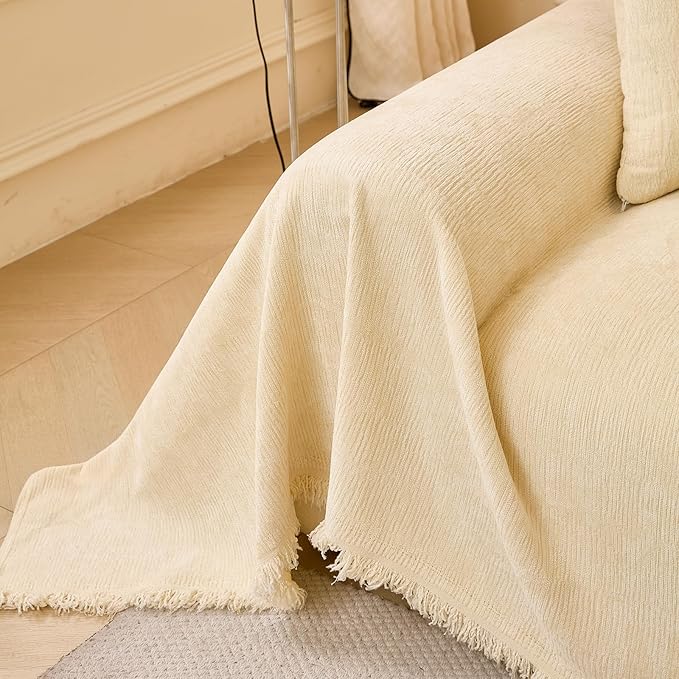 ROOMLIFE Sofa Cover, Boho Couch Cover for 3 Cushion Sofa, Non Slip Chenille Sofa Slipcovers for Dog, Washable Furniture Sofa Protector Cover with Tassel for Living Room, 71''X150”