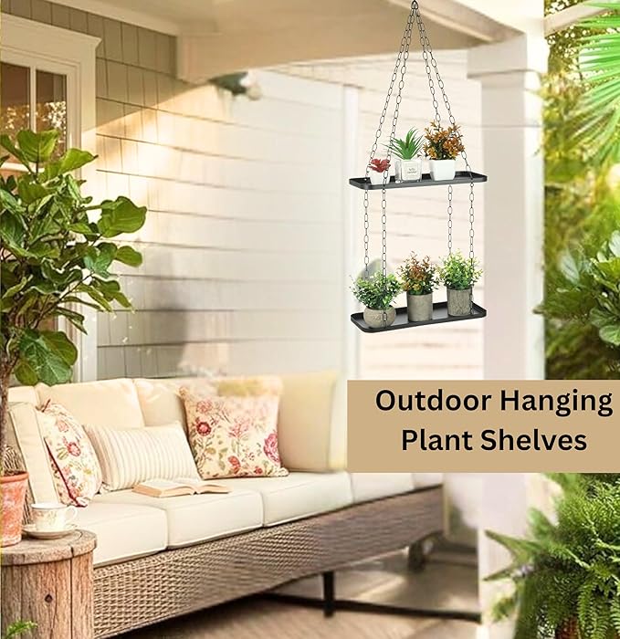 Shinehola Hanging Planters for Indoor Outdoor Plants (Length - 15.5"), Plant Hanger Indoor | Large Metal Hanging Plant Holder, 2-Tier Hanging Planter Shelf, No Plant/Pot Included (Black, 2-Tier)