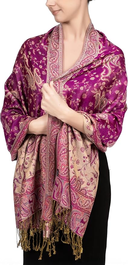 Achillea Reversible Paisley Pashmina Rave Scarf – Exotic Indian Shawls and Wraps for Evening Dresses, Festivals, All Seasons