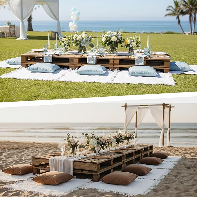 8 Pcs Outdoor Picnic Blanket 35"x35" Boho Blanket Woven Cotton Yarn Portable Mat Plaid with Fringe Washable for Picnic Party Camping Beach Travel Lawn Indoor Bohemia Decor (White)