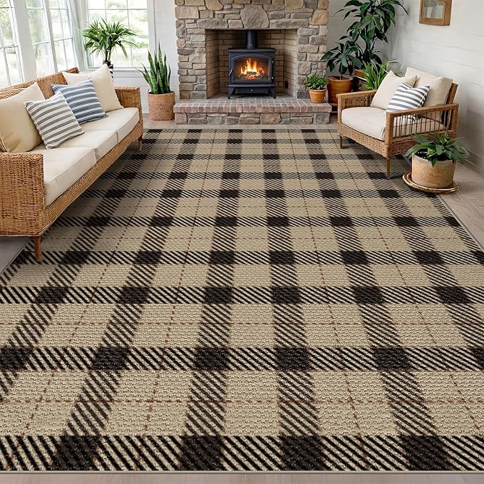 Neutral Easy Jute Rug 9x12 for Living Room, Large Indoor Outdoor Natural Color Farmhouse Area Rugs for Patio, Backyard and Dining Room, Plaid Woven Design, Non Shed, Washable Outside Carpet