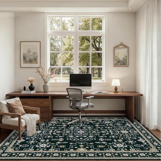 5x7 Area Rugs Living Room Rug: Washable Vintage Boho Medallion Rug No Slip Stain Resistant Soft Carpet Indoor Floor Large Carpets for Bedroom Dining Room Farmhouse Nursery Hallway Home Office Black