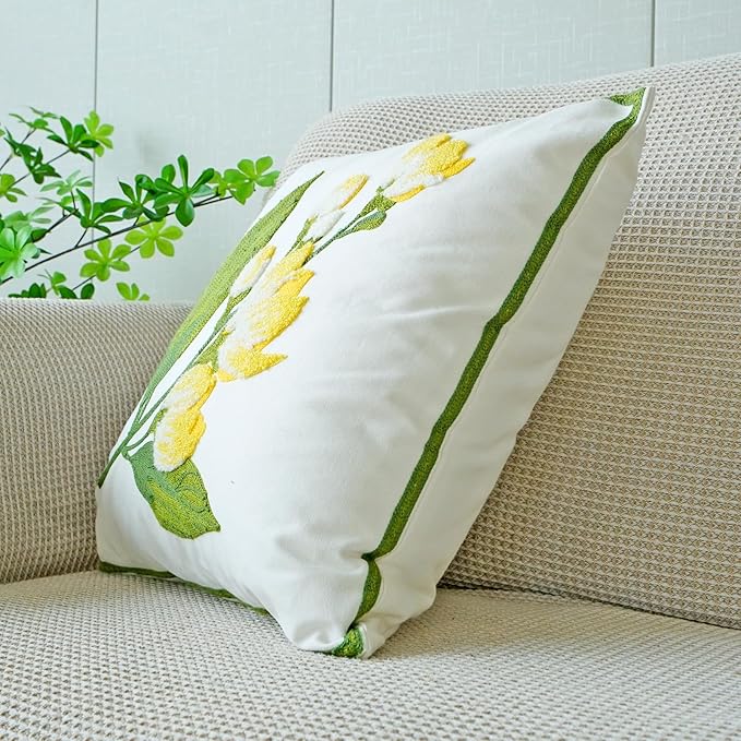 vctops Farmhouse Hibiscus Flowers Cotton Tufted Throw Pillow Cover Spring Floral Embroidery Pillowcase Soft Square Cushion Case for Sofa Couch Bed Chair (Yellow F,18"x18")