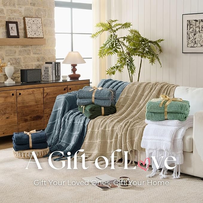Boho Knitted Chenille Blanket with Tassels - Lightweight & Soft All-Season Throw - 3D Classic Pattern for Living Room Bedroom Couch, Sandy Beige, Twin 60"x80"