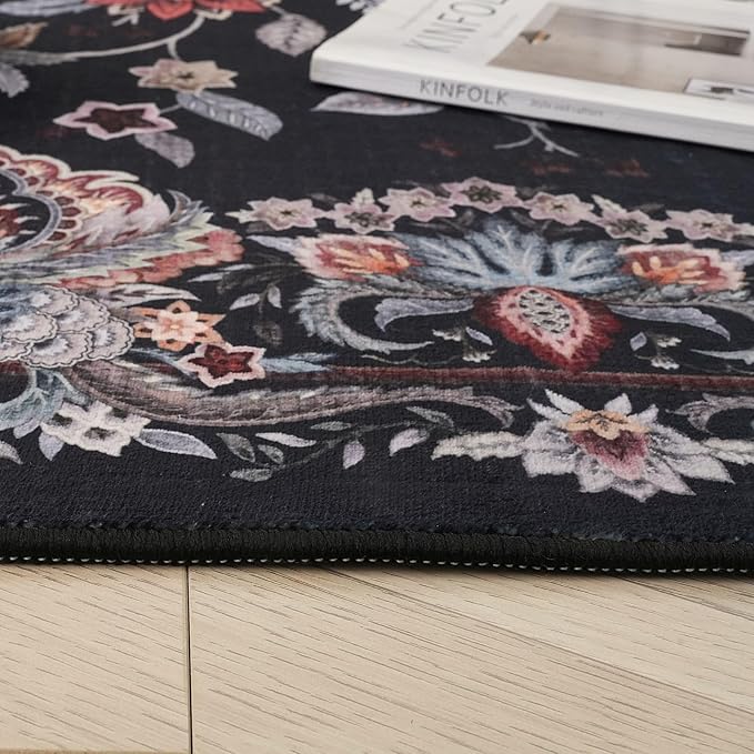 Rugcomf Vintage Paisley Runner Rug 2'7"x8' - Machine Washable, Non-Slip Low Pile Floral Carpet for Kitchen, Laundry, Bedroom, Bathroom - Black