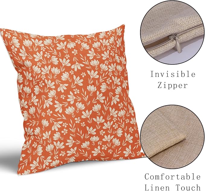 Orange Pillow Covers 16x16 Set of 2 Vintage Floral Rustic Old Style Cute Flower Print Decorative Outdoor Pillowcases Seasonal Farmhouse Throw Cushion Case Decor for Couch Sofa Bed