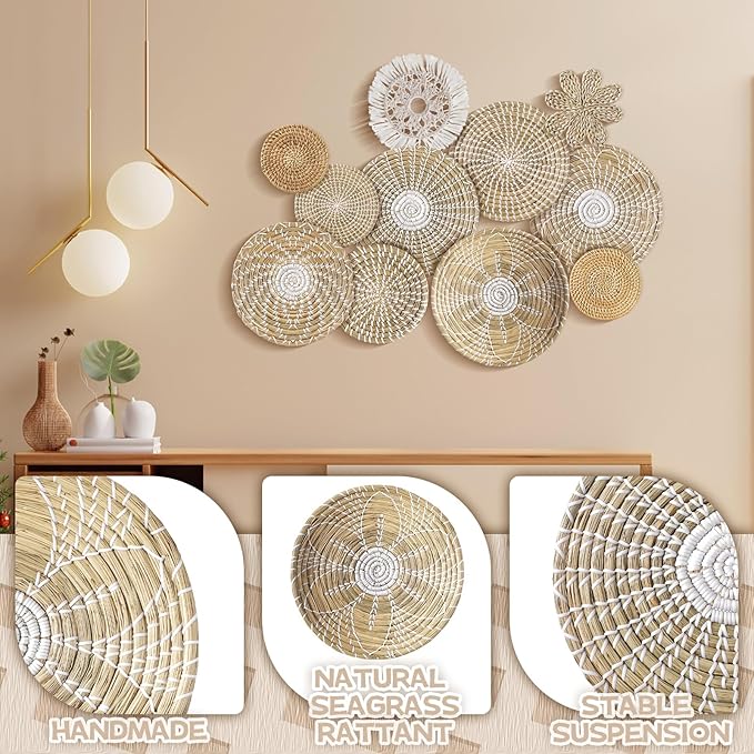 11 Pcs Boho Hanging Wall Basket Decor Handmade Woven Basket Wall Decorative Boho Wicker Baskets Placemats Round Farmhouse Bulrush Art for Rustic Home Decorations Christmas Gift(Fresh)