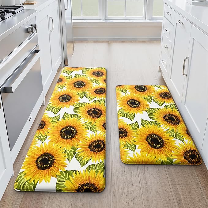 MAYHMYO Sunflower Kitchen Mat Set of 2 - Anti Fatigue Mats for Kitchen Floor - Non Slip Cushioned Rugs for Standing - Sunflower Decor (17.3"×29"+17.3"×47"-0.4")