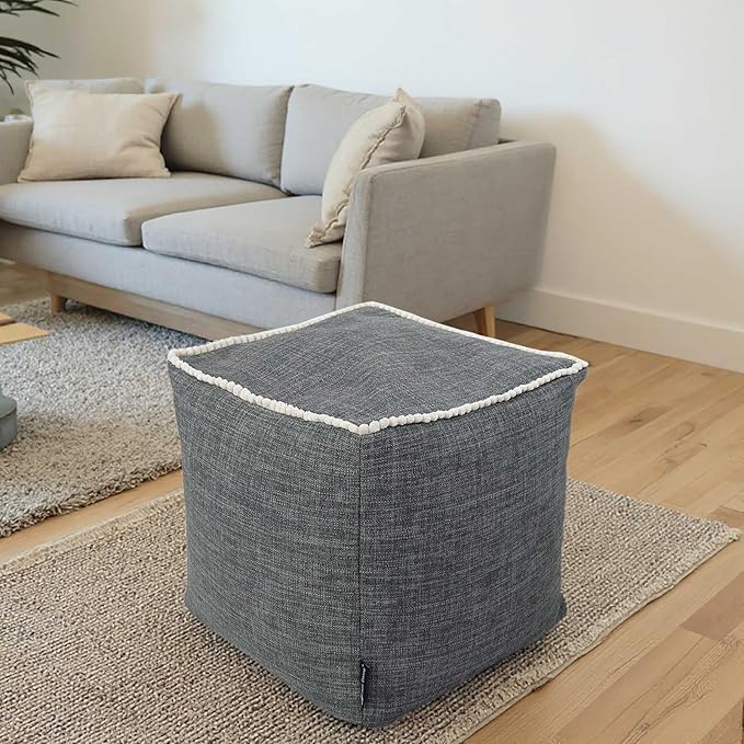 Louis Donné Unstuffed Storage Pouf Ottoman Cover - Square Cotton Linen Footstool Chair for Living Room Nursery, DIY Bean Bag for Stuffed Animal Storage, 18 x 18 Inch, Cover ONLY