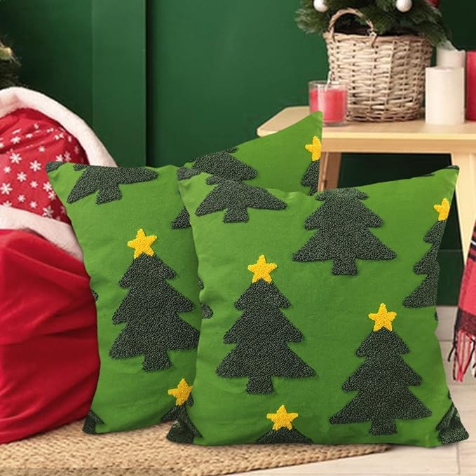 Green Christmas Tree Embroidery Decorative Throw Pillow Covers 18 x 18 Set of 2, Xmas Pine Trees Tufted Porch Outdoor Home Decor, Winter Holiday Plush Faux Fur Jacquard Sofa Couch Cushion Case