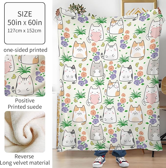 Throw Blanket for Couch, 300GSM Warm Soft Cozy Flannel Blanket, Cute Blanket for All Seasons Bedroom Home Decor Gifts, Cute Flower Cats 50x60 Inches