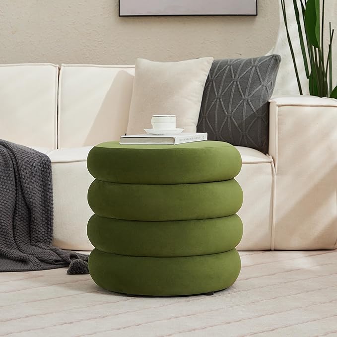 Velvet Storage Ottoman Set of 2, Compact Round Tufted Pair with Removable Lids for Lounge, Dorm and Entryway, Olive Green