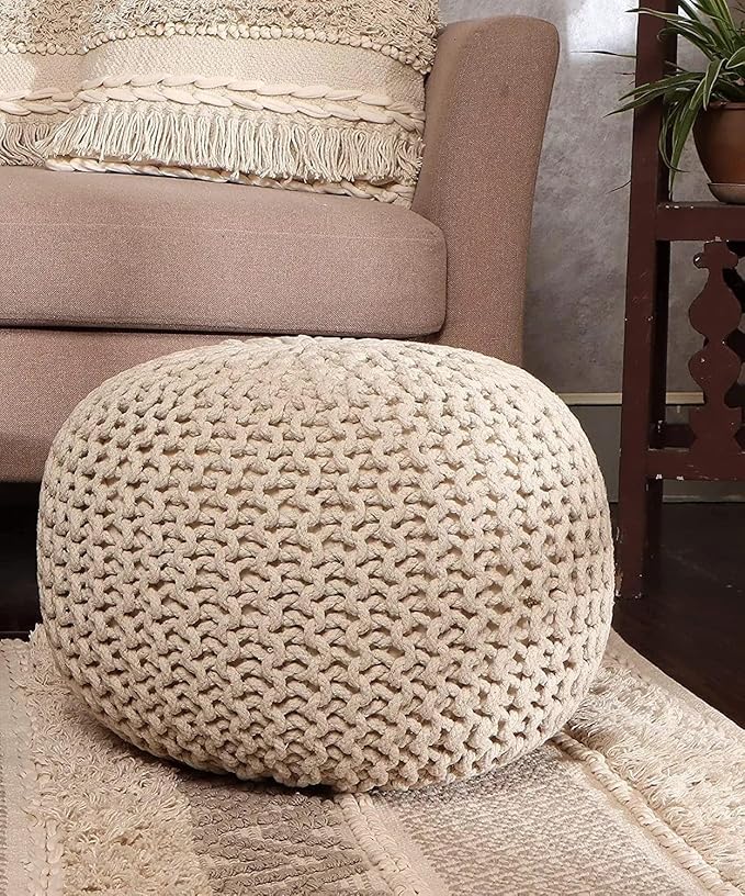 · REDEARTH · Round Pouf Ottoman - Cable Knitted Boho Poof - Home Décor Cord Pouffe Handmade Circular Footrest for Living Room - Bedroom - Kids Bedroom - 100% Cotton Pouf (19.5"x19.5"x14") - Natural