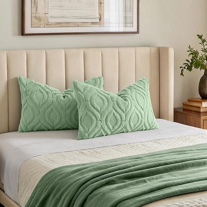 decorUhome Cozy Textured Throw Pillow Covers 12x20 Inch Set of 2, Soft Plush Faux Wool Sage Green Accent Couch Pillow Covers for Modern Farmhouse Sofa Bed Living Room