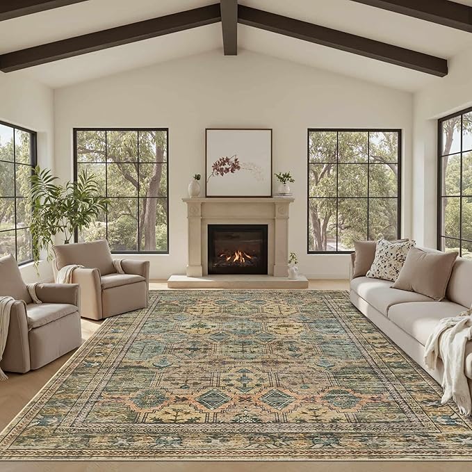 8x10 Area Rugs for Living Room Bedroom, Large Washable Rug, Brown Vintage Retro Boho Rug, Non Slip & Low Pile Faux Wool Thin Carpet for Indoor Dining Room and Kids Room(Brown 8x10ft)