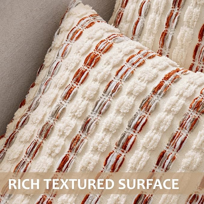 ANRODUO Boho Chenille Pillow Covers with Textured Tufted Stripes 20x20 Inch Set of 2 Woven Decorative Cushion Case Farmhouse Accent Neutral Pillowcase for Couch Sofa Bed Living Room Decor,Orange White