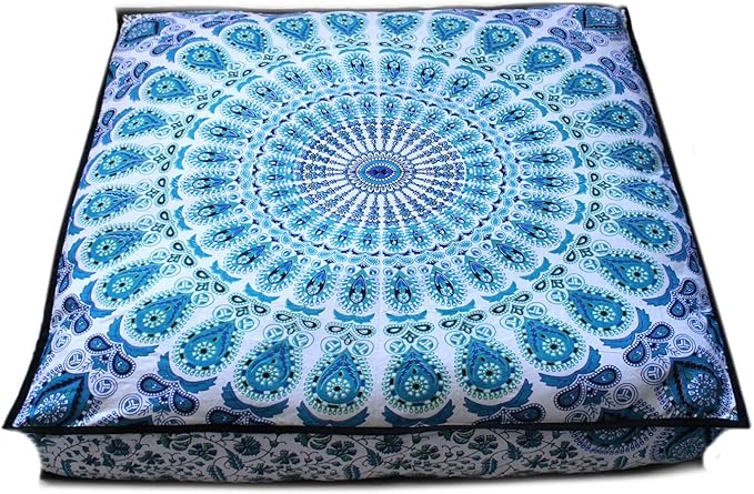 INDIAN CRAFT CASTLE 24" Green Peacock Mandala Barmeri Large Floor Pillow Cover Cushion Meditation Seating Ottoman Throw Cover Hippie Decorative Zipped Bohemian Pouf Ottoman Pom Pom Cases 24" Square