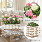 Artificial Rose Flowers with Woven Basket, Faux Roses in Fake Rattan Planter for Table Centerpiece, Romantic Floral Arrangement for Home Bedroom Spring Wedding Sweet Decor, Cream White & Soft Pink
