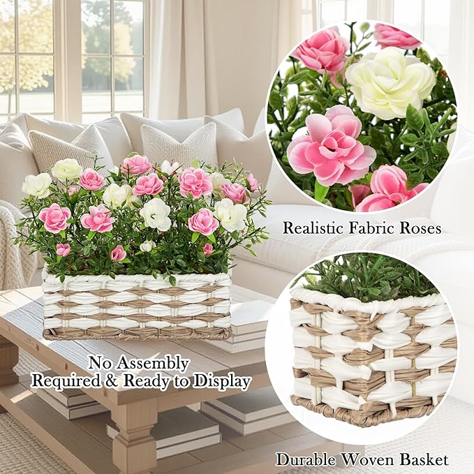 Artificial Rose Flowers with Woven Basket, Faux Roses in Fake Rattan Planter for Table Centerpiece, Romantic Floral Arrangement for Home Bedroom Spring Wedding Sweet Decor, Cream White & Soft Pink