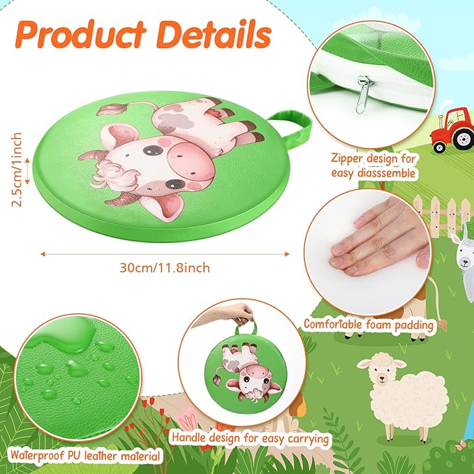 8 Pcs Kids Floor Cushions for Classroom Flexible Round Seating with Handle Soft Waterproof Floor Pillows with Cute Cartoon Animal Pattern for Elementary Daycare Preschool(Farm Animals)