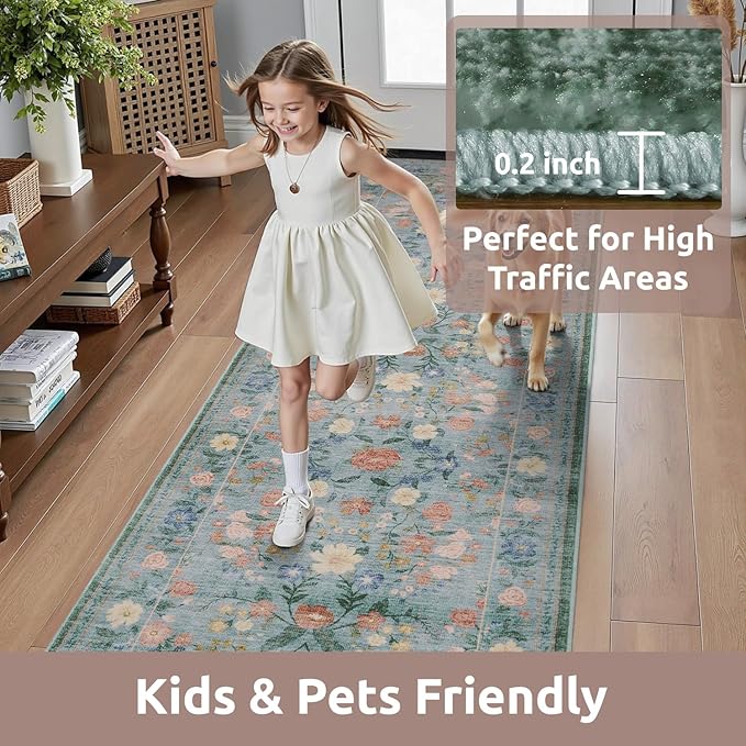AMOAMI Vintage Floral Runners for Hallways Indoor, 2x6 Kitchen Runner Rug Non Slip Machine Washable Entryway Rug Runner Ultra Soft Boho Carpet Runner for Hallway Kitchen Bedside Entryway, Green