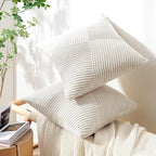 Topfinel 24x24 inches Pillow Covers Set of 2 Cream White Corduroy Decorative Throw Pillow Covers for Sofa Couch Bed, Windmill Textured Striped Patchwork Couch Spring Pillow Case 60x60 cm
