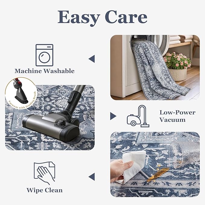 Blue Gray Living Room Rug 6x9, Washable Non Slip Transitional Medallion Rug for Dining Room Under Table, Modern Vintage Distressed Low Pile Thin Carpet Rugs for Den Bedrom Home Office