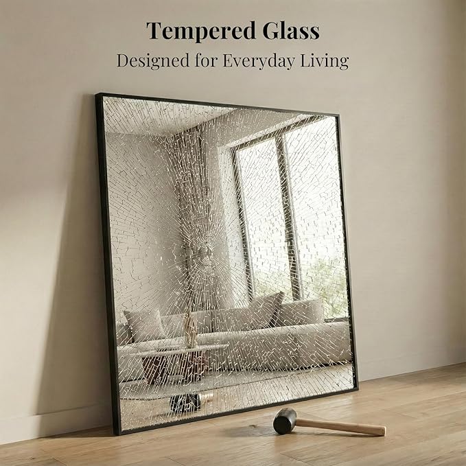 30''x30'' Square Black Bathroom Mirror, Matte Metal Framed Wall Mirror, Modern Geometric Vanity Mirror for Double Sink, Farmhouse Decor, Flush Mount