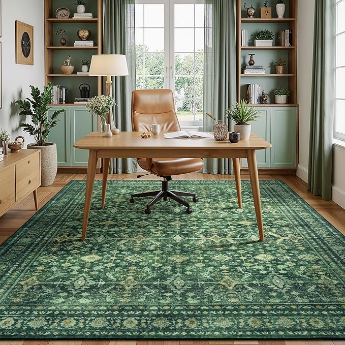 Lessymo 5x8 Washable Area Rug with Non Slip Backing,Soft Boho Indoor Carpets for Living Room Bedroom Nursery, Kid and Pet Friendly, Green