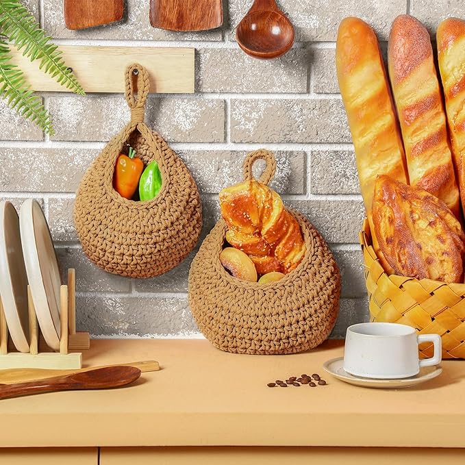 Windyun 4 Pcs Hanging Fruit Basket Teardrop Baskets Handmade Woven Cotton Rope 3 Tier over the Door Organizer Hanging Boho Wall Decor for Storage Kitchen(Brown)