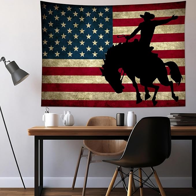 LB Western Cowboy Tapestry Vintage American Flag Tapestry for Bedroom Cool Man on Black Horse Tapestries Wall Hanging for Living Room College Dorm Wall Decor,60x40 inches