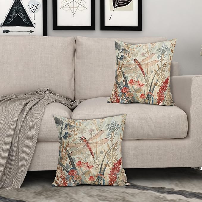 Kawani Summer Dragonfly Pillow Covers 20X20 Inch Red Floral Flower Botanical Nature Decorative Pillow Cases Set of 2 Vintage Farmhouse Throw Pillows for Cushion Sofa Couch Outdoor