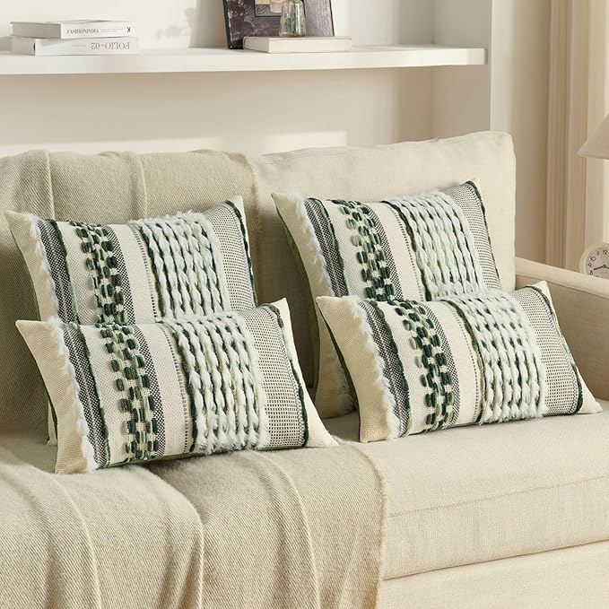 FUTEI Green Accent Throw Pillow Covers Set of 2, 12x20 Inch Plush Tufted Striped Textured Decorative Pillow Cases for Farmhouse Boho Couch Decor