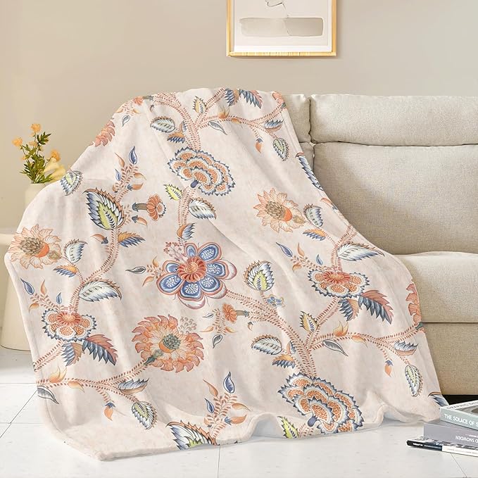 Boho Floral Throw Blanket, Bohemian Soft Cozy and Warm Couch Blankets Gift for Flower Lover, Decorative Blankets for Sofa Couch Bed, White Yellow 50×60 inches