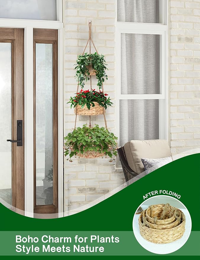 VerdantVibes Woven Wall Hanging Basket – 3-Tier Natural Water-Hyacinth Organizer for Boho Farmhouse Decor, Kitchen & Home Storage (37.4" x 11.2", Folds Flat)