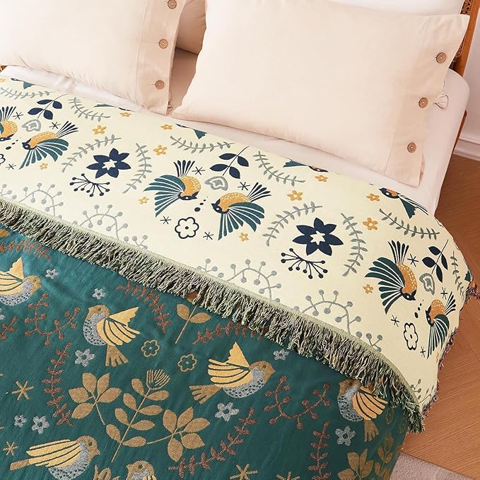 King Throw Blanket for Bed 100% Cotton Boho Soft Rustic Quilt Birds and Floral Double Embroidery Breathable Spring Bed Blanket,90"x108" All Season Blankets for Bedding Couch Room Decor