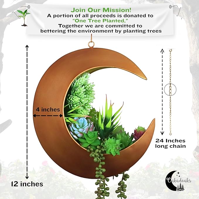 Hanging Crescent Moon Planter - Moon Room Decor - Unique Planters for Succulents, Air Plants, Cactus, Artificial Plants- Plant Lover Gifts - Boho, Hippie, Birthdays, Witchy Gifts for Women (Gold)