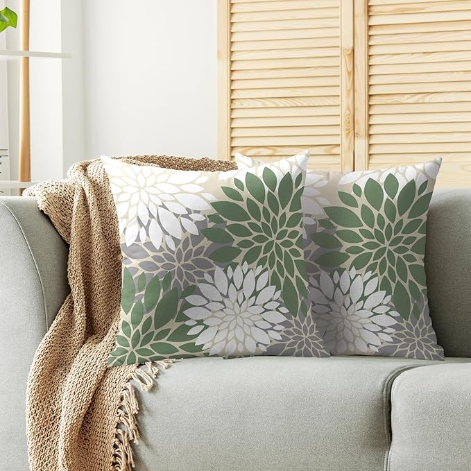 Sage Green White Grey Gray Pillow Covers 18X18 Inch Set of 2, Spring Modern Geometry Dahlia Floral Print Decorative Throw Pillow Covers Outdoor Farmhouse Cushion Case for Couch Sofa Bed Decor