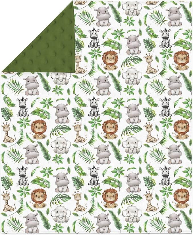 Jungle Safari Tropical Leaves Baby Blankets for Girl Boy Lion Elephant Hippo Zebra Giraffe Soft Mink Dotted Backing Double Layer Swaddle Blanket for Toddler Nursery African Animals Bed Blanket 30x40