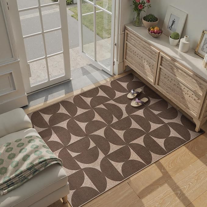 Lahome Modern Geometric Easy Jute Washable Rugs 3x5 for Entryway Indoor, Thin Carpet for Dining Room Non Shedding, Neutral Semi-Circle Mat for Outdoor Porch Front Door
