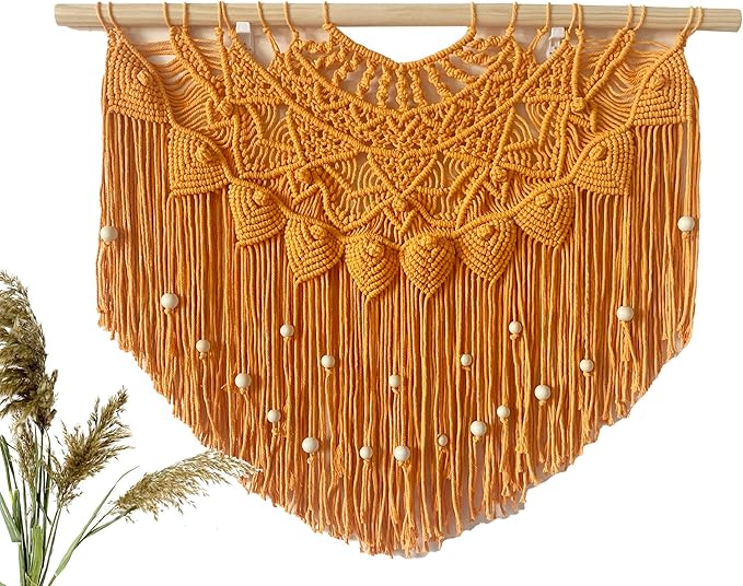 Youngeast Large Macrame Wall Hanging Boho Beaded Curtain for Window Macrame Bedroom Headboard Living Room Wall Art Tassel Tapestry Bohemian Woven Wall Decor 31" W X 25" H (Orange)