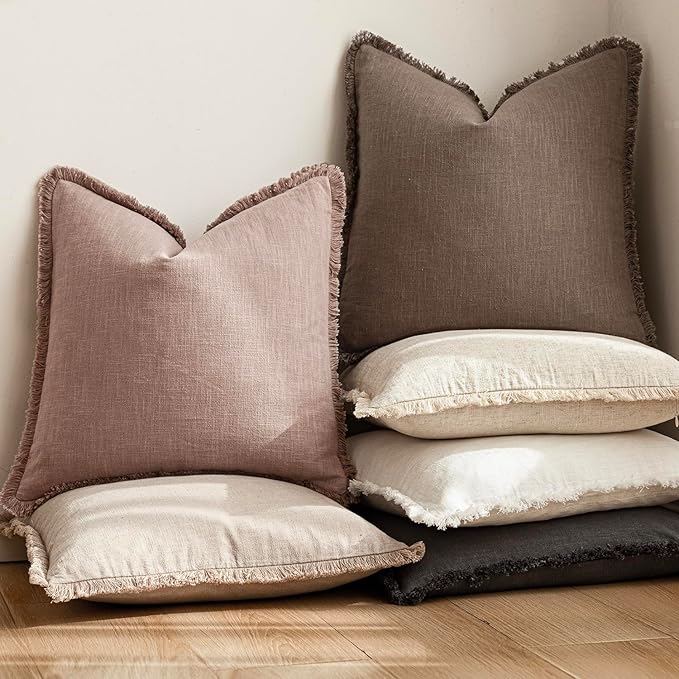 Foindtower Set of 2 Decorative Linen Fringe Throw Pillow Covers Boho Farmhouse Cushion Cover with Tassels Soft Accent Pillowcase for Couch Sofa Bed Living Room Home Decor,22×22 Inch,Dusty Pink