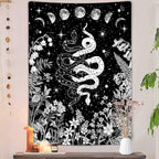 VEIGIKE Witchy Snake Vertical Tapestry, Trippy Black and White Floral Moon Phase Cool Tarot Tapestry Wall Hanging for Bedroom Aesthetic, Nature Tapestries Poster Blanket College Dorm Decor (40X60)
