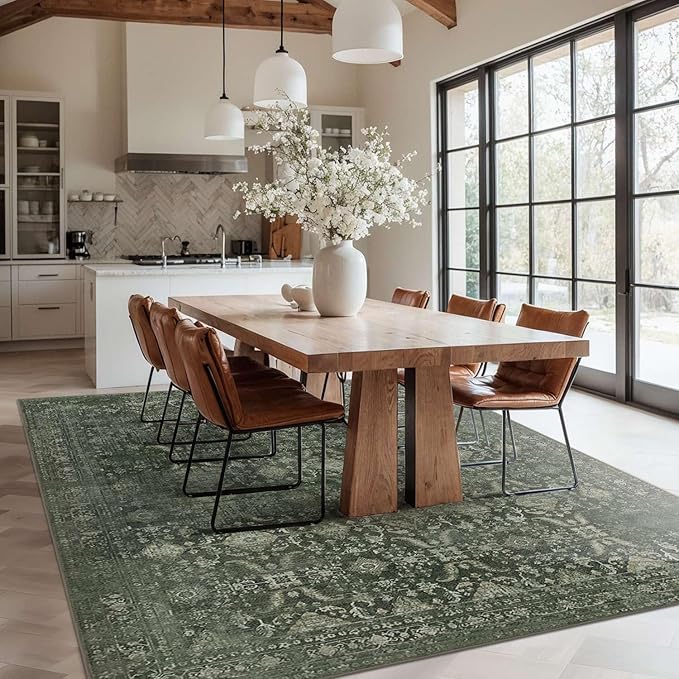 6x9 Area Rugs for Living Room Bedroom, Large Washable Rug, Green Vintage Floral Boho Style, Non Slip & Low Pile Carpet for Indoor Dining Room, Dorm and Kids Room(Green 6x9ft)