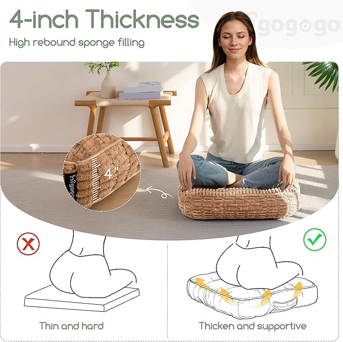Washable Floor Pillow Cushion for Adults, Meditation Cushion Pillow, Removable Tufted Blended Corduroy Cover, Large Square Floor Sitting for Tatami Living Room or Yoga, 2Pack, Machine Washable