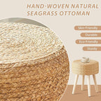 Cpintltr Round Ottoman Footstool Foot Stool Pouf Ottomans with Solid Wood Legs Hand Weave Hyacinth Footrest Step Stool for Living Room Balcony Garden Natural Hyacinth Seagrass