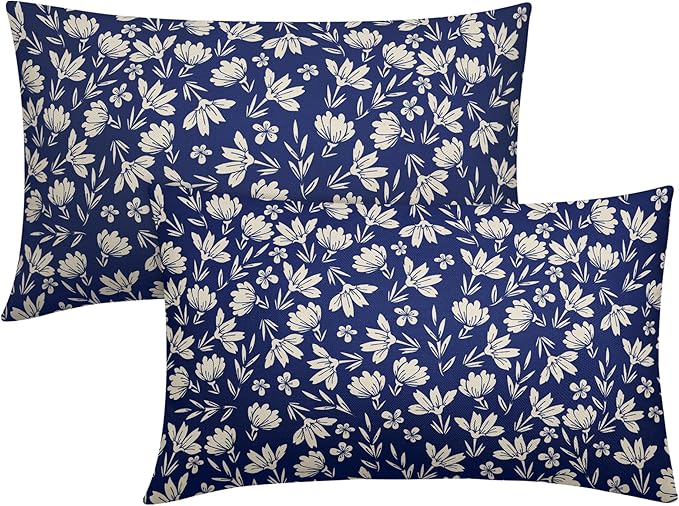 Navy Blue Pillow Covers 12x20 Set of 2 Vintage Floral Rustic Old Style Cute Flower Print Rectangle Decorative Outdoor Pillowcases Seasonal Farmhouse Throw Cushion Case Couch Sofa Bed Decor