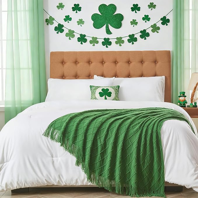 inhand Green Knitted Throw Blanket for Couch and Bed, St. Patrick’s Day Lucky Spring Gifts Throw for Her or Him, Soft Farmhouse Woven Blanket with Tassel, Lightweight Decorative, 60"x80"