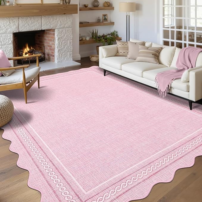 GarveeHome Washable Area Rugs 6x9 Rug for Living Room Scalloped Pink Nursery Rug Non Slip Soft Bedroom Rugs Low Pile Large Area Rug Stain Resistant Carpet for Grils Room Playroom Dining Room, Pink